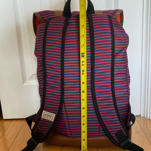 BENRUS Scout Backpack Large Red Blue Striped Leather Straps School Travel 19" - Picture 2 of 12